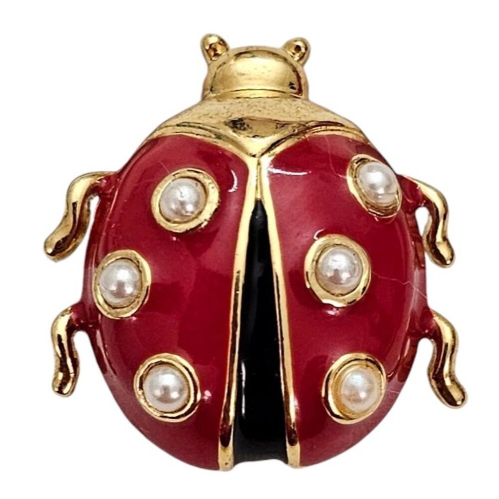Marvella Red Enamel Faux Pearl Lady Bug Brooch Pin, Signed L473